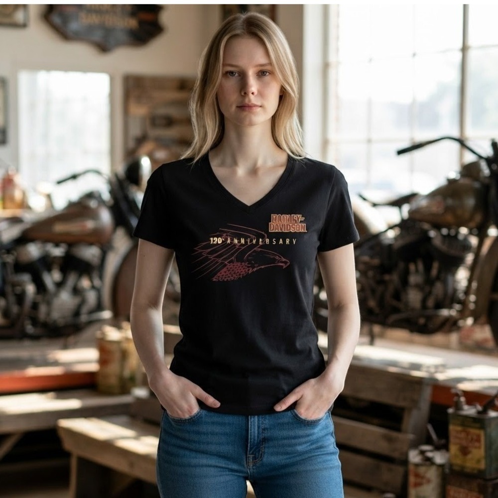 Harley-Davidson 120th Anniversary Eagle Graphic V-Neck T-Shirt Black Womens L